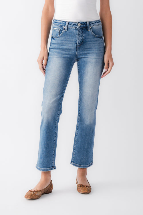 High-rise straight crop jeans in medium-blue denim, button fly, classic 5-pocket