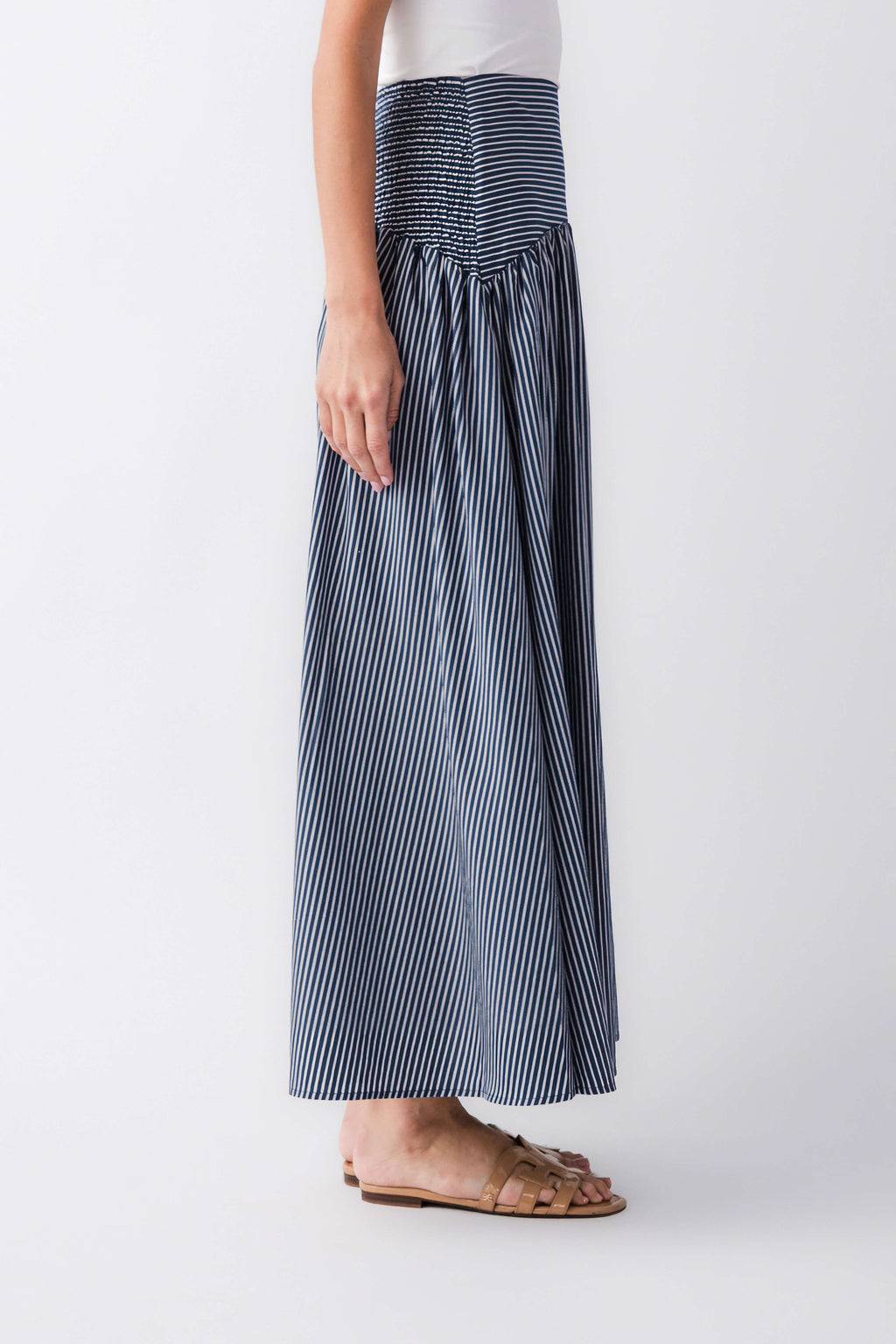 Blue-and-white striped drop-waist maxi skirt, pleated and long flared length