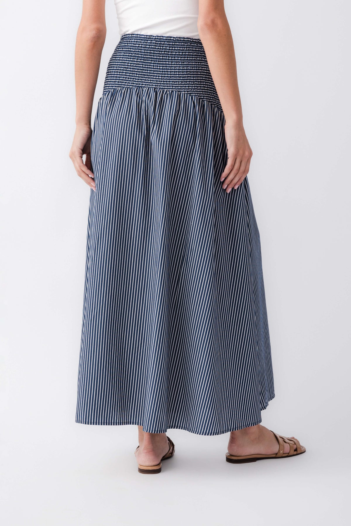 Blue-and-white striped maxi skirt with elastic waistband and gathered drop-waist tier