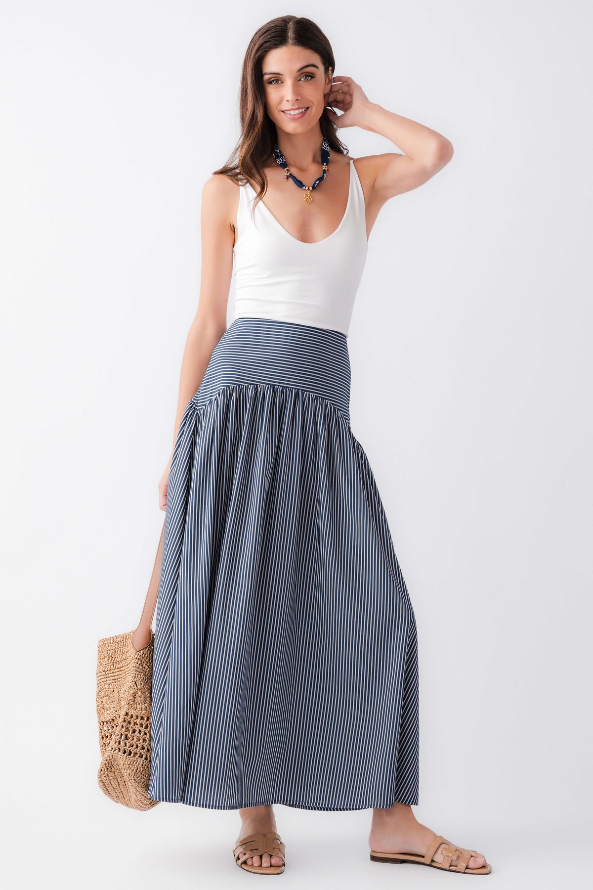 Blue-and-white striped maxi skirt with drop-waist panel, elastic waistband and pleats