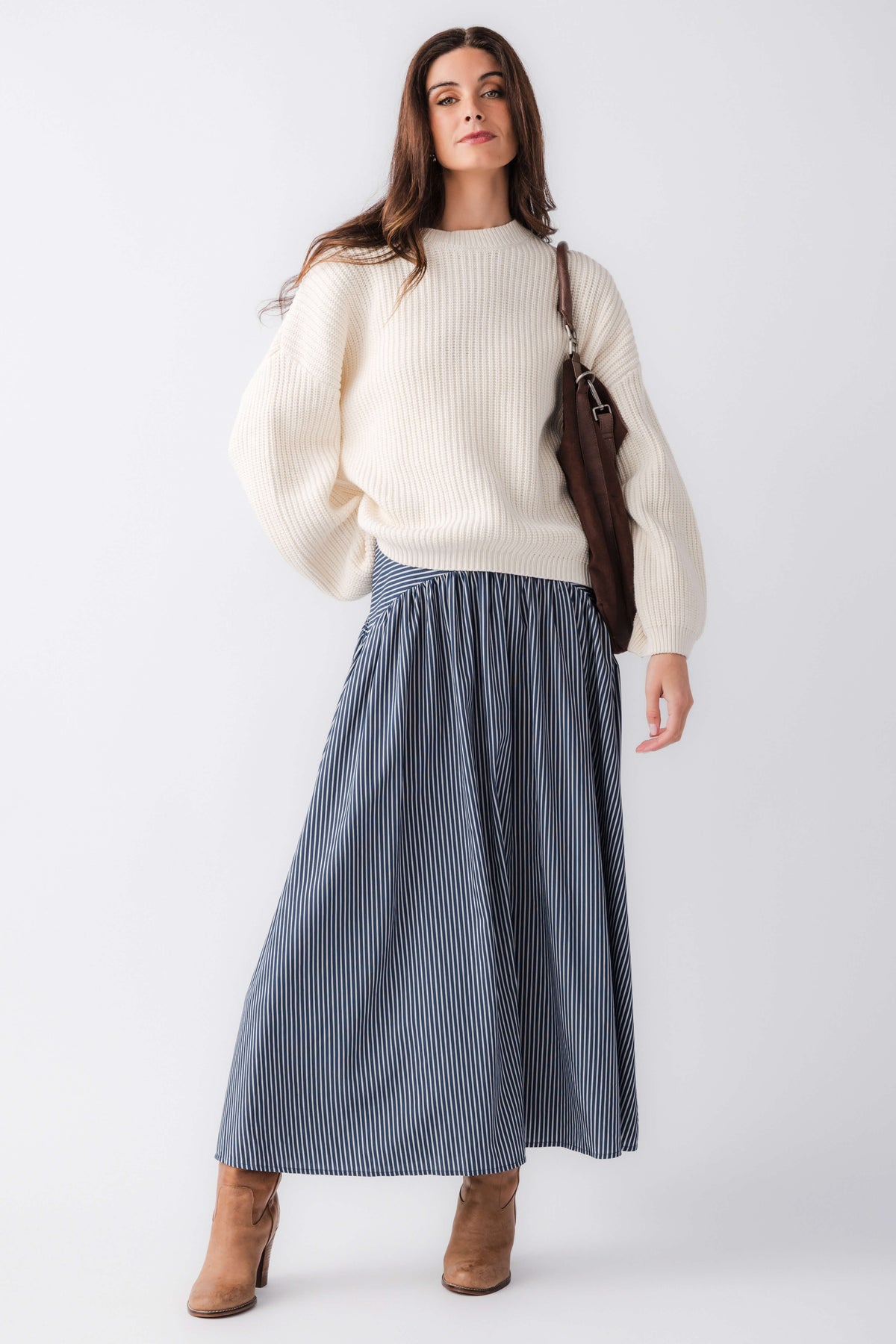 Blue-and-white striped drop-waist maxi skirt with elastic waistband and flowing pleats