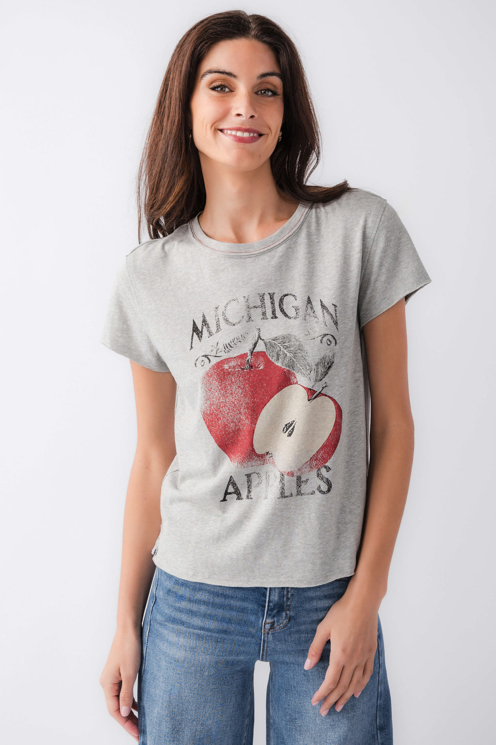 Heather gray graphic crew-neck T-shirt with red apple and 'Michigan Apples' print