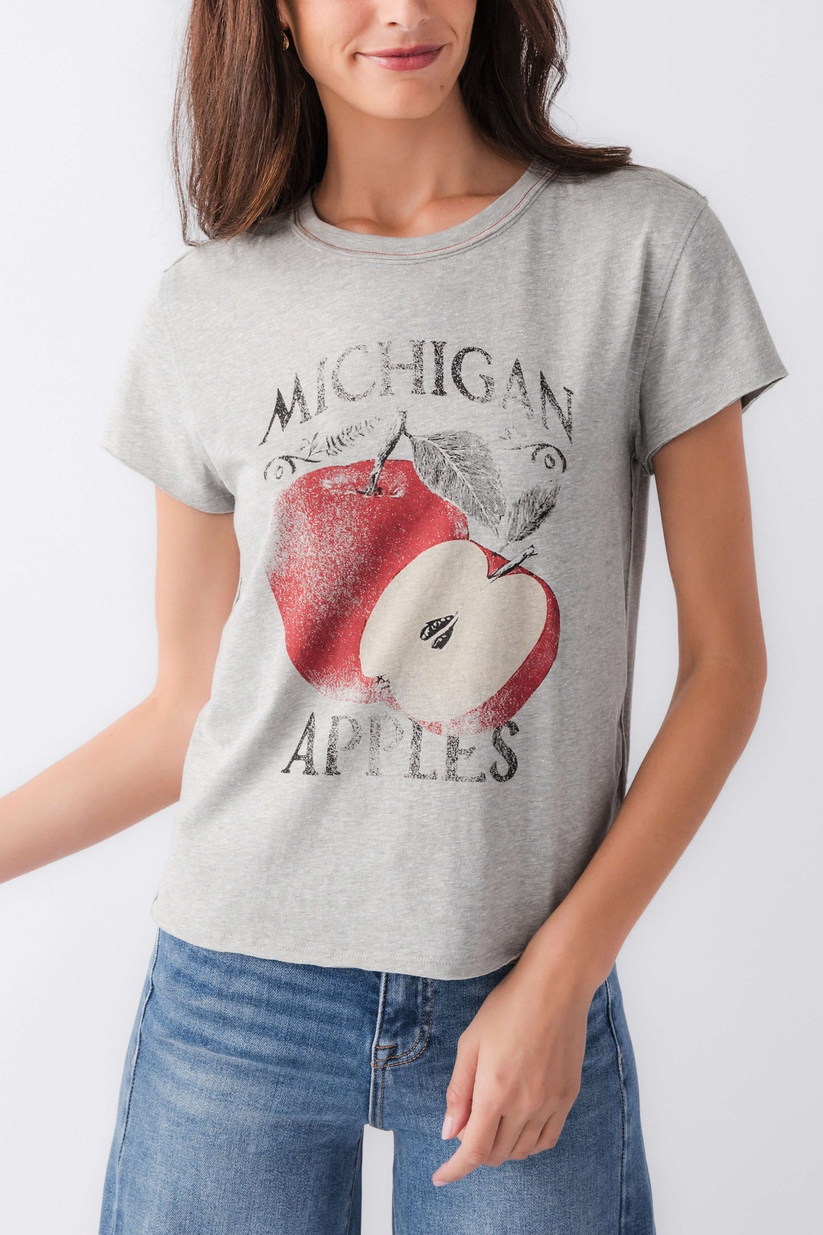 Heather gray graphic crew-neck tee with red apple, 'Michigan' and 'Apples' text