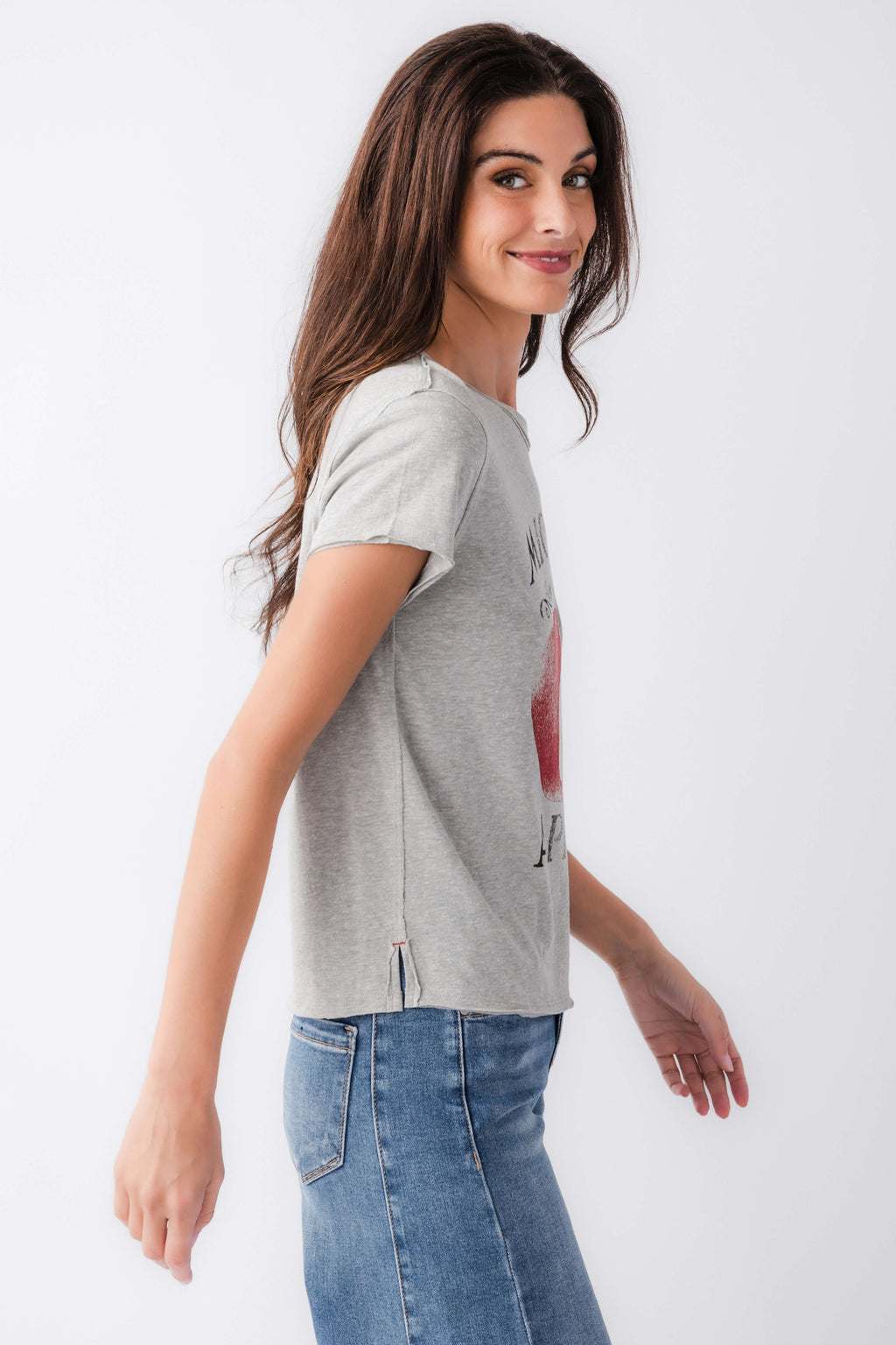Heather gray graphic T-shirt with short sleeves and red apple print, side view