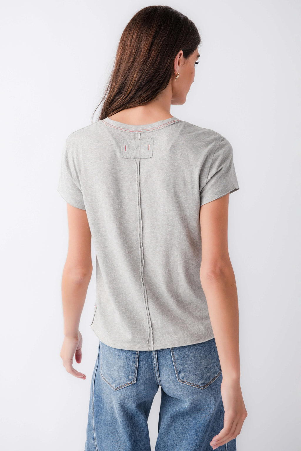 Heather gray graphic T-shirt with exposed center-back seam detail, back view