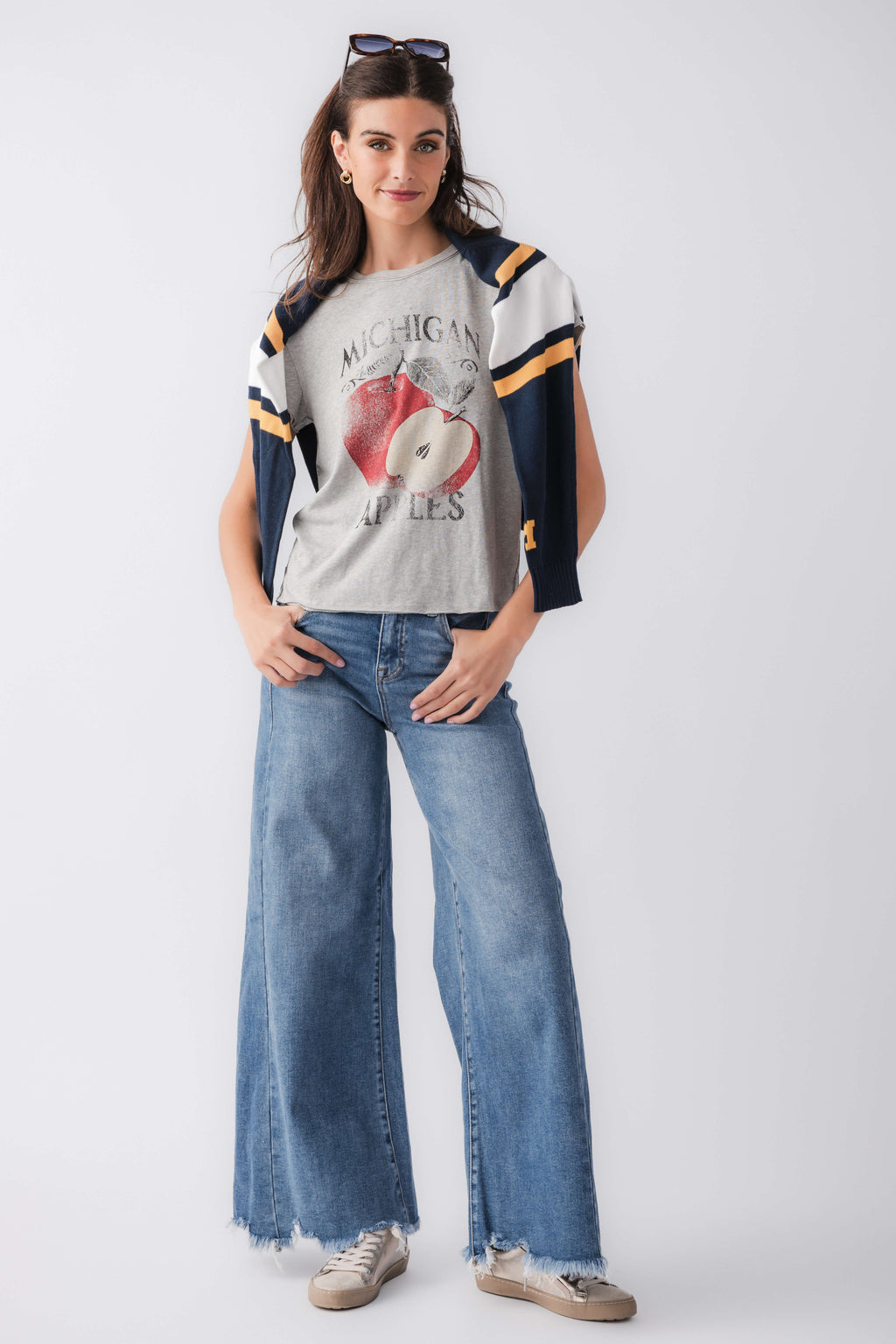 Heather gray graphic T-shirt with red apple print on front, crew neck