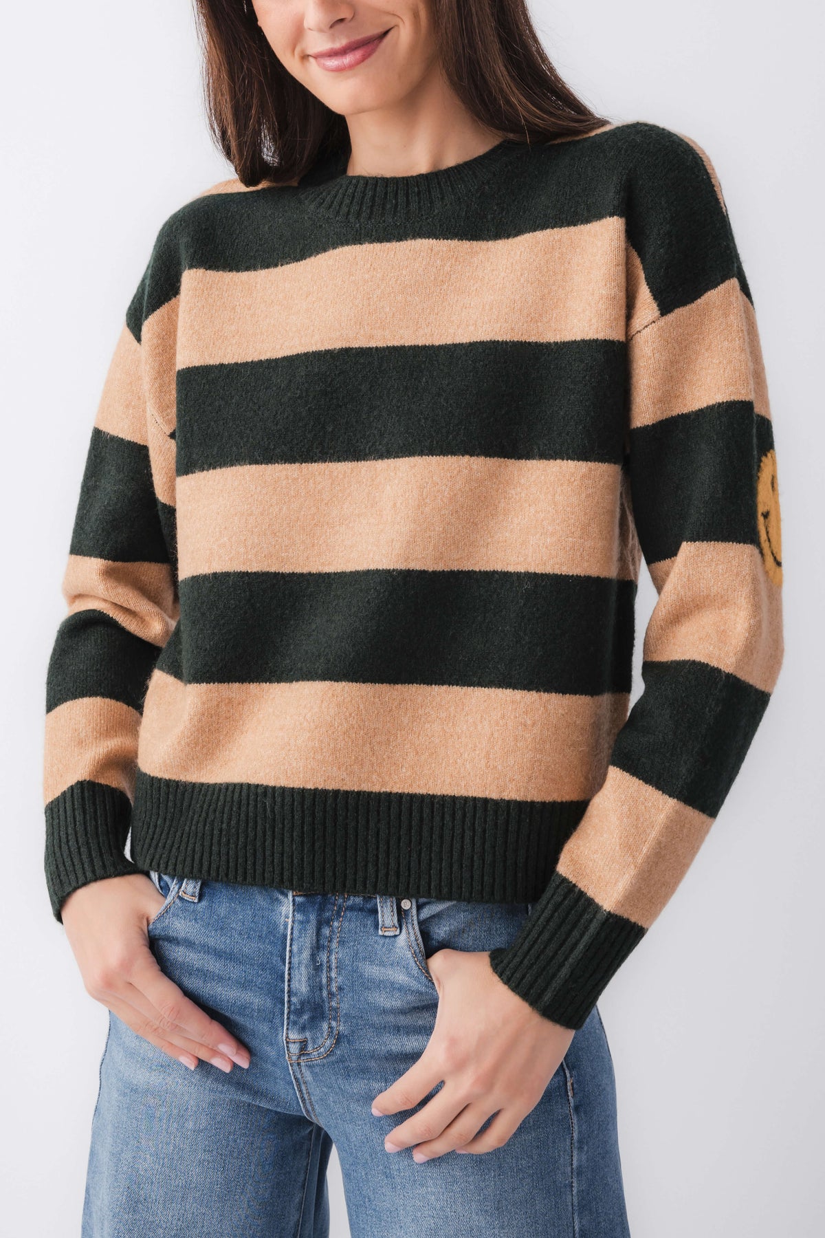 By Together striped sweater with wide stripes, black and camel horizontal stripe knit.