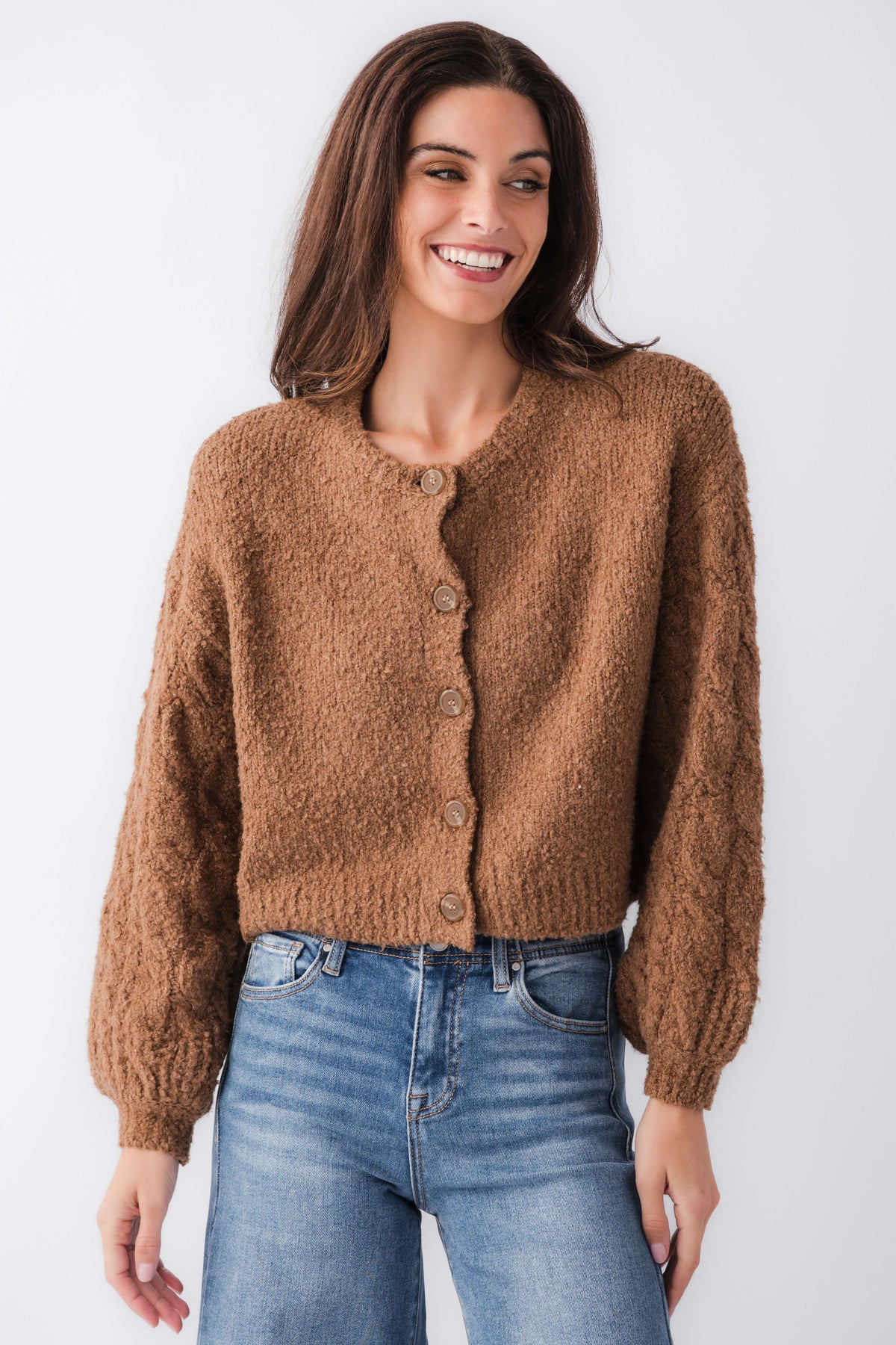 Brown button-front cardigan with textured knit and rounded neckline