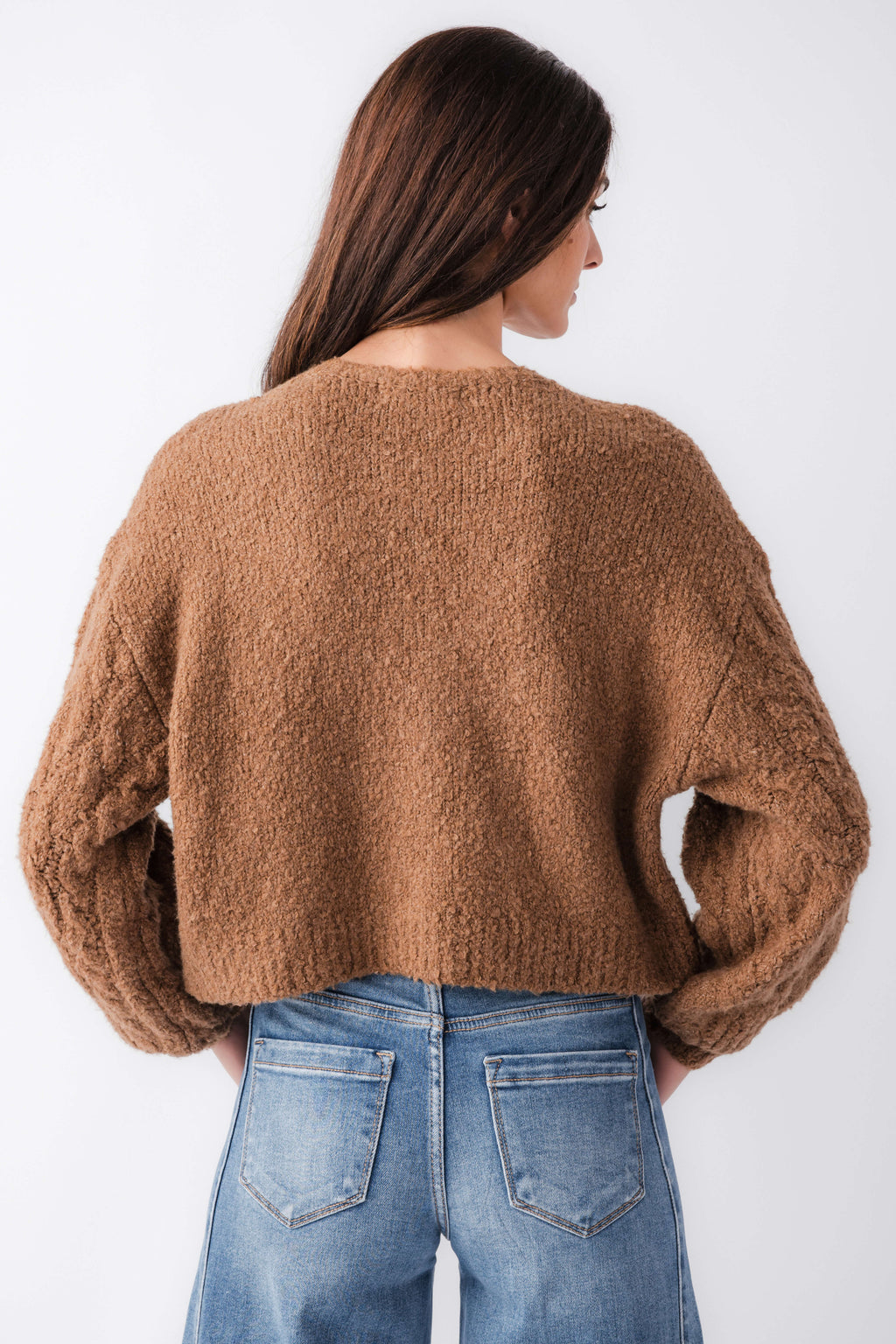 Brown knit cardigan shown from back with balloon sleeves