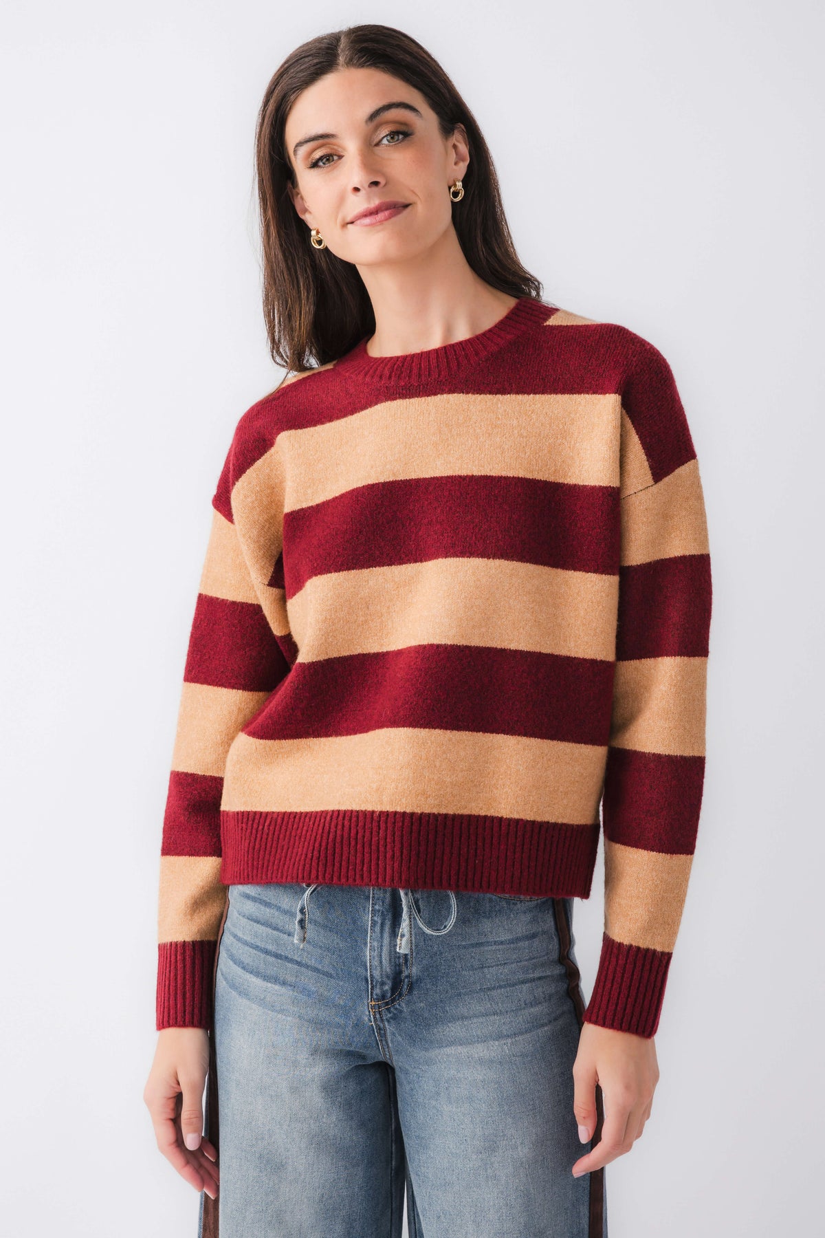 By Together striped sweater front view, burgundy and camel wide horizontal stripes.