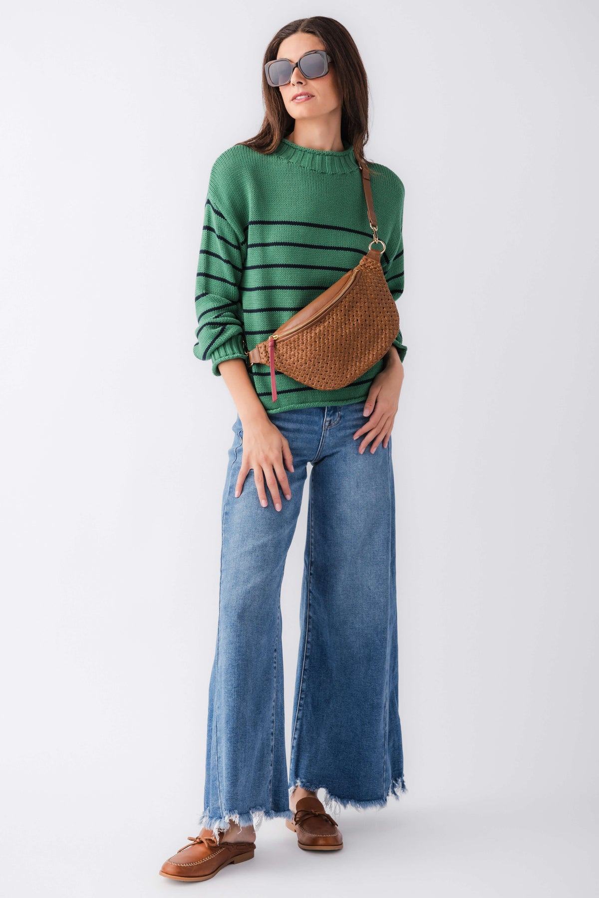 Green striped knit mockneck sweater, full front view with ribbed cuffs