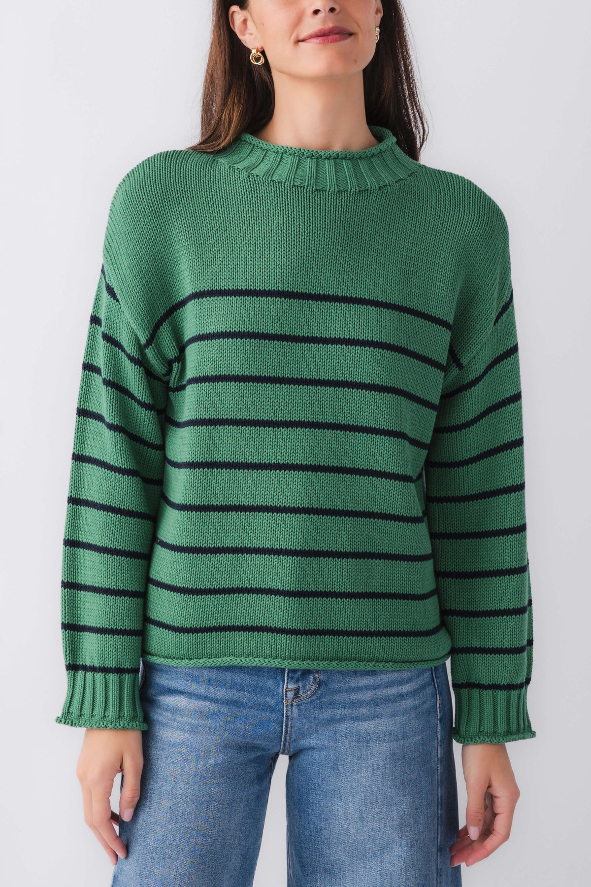 Green knit mockneck sweater with navy horizontal stripes, ribbed cuffs and hem.