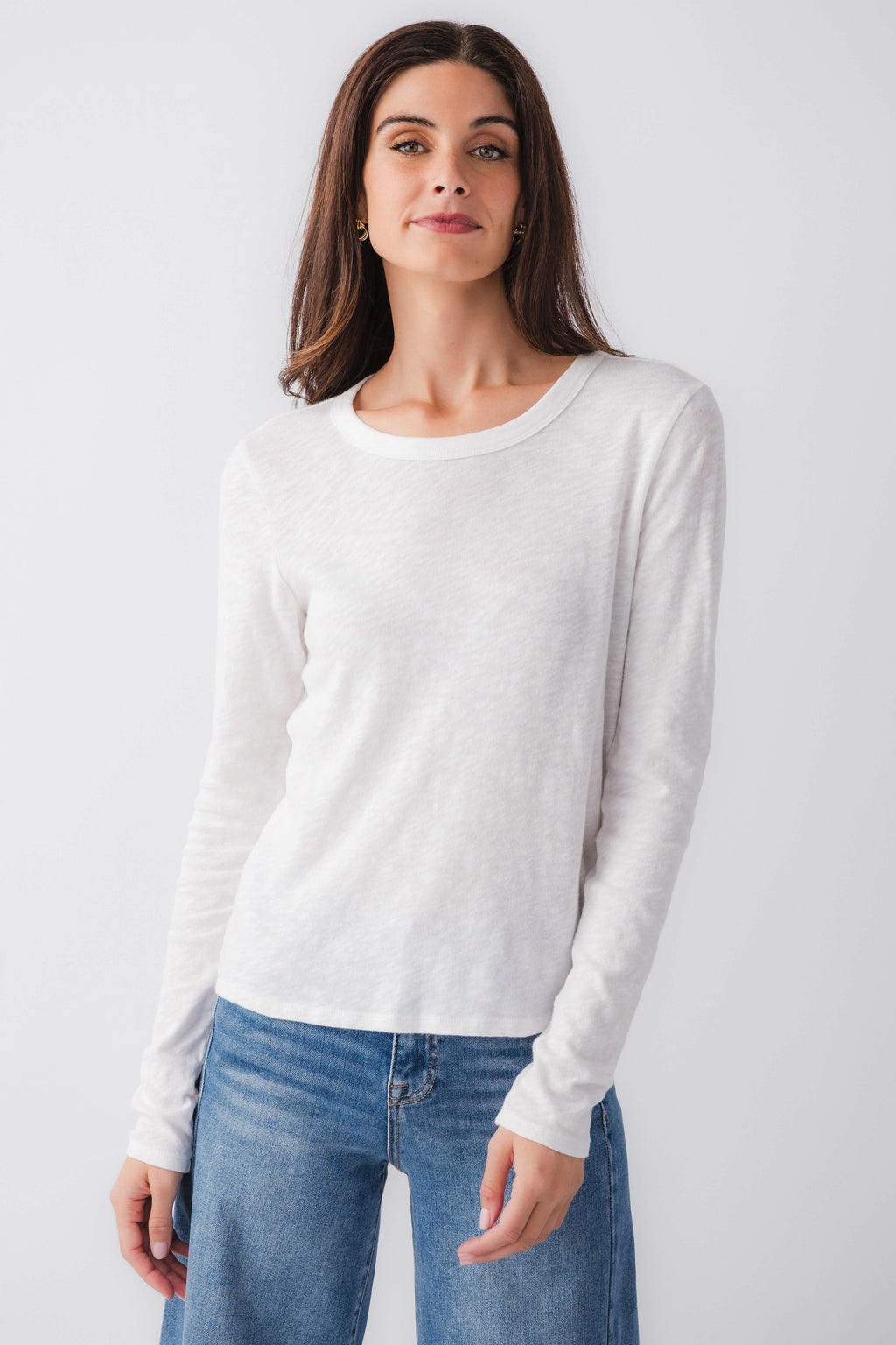 White long-sleeve tee with crew neck, front view