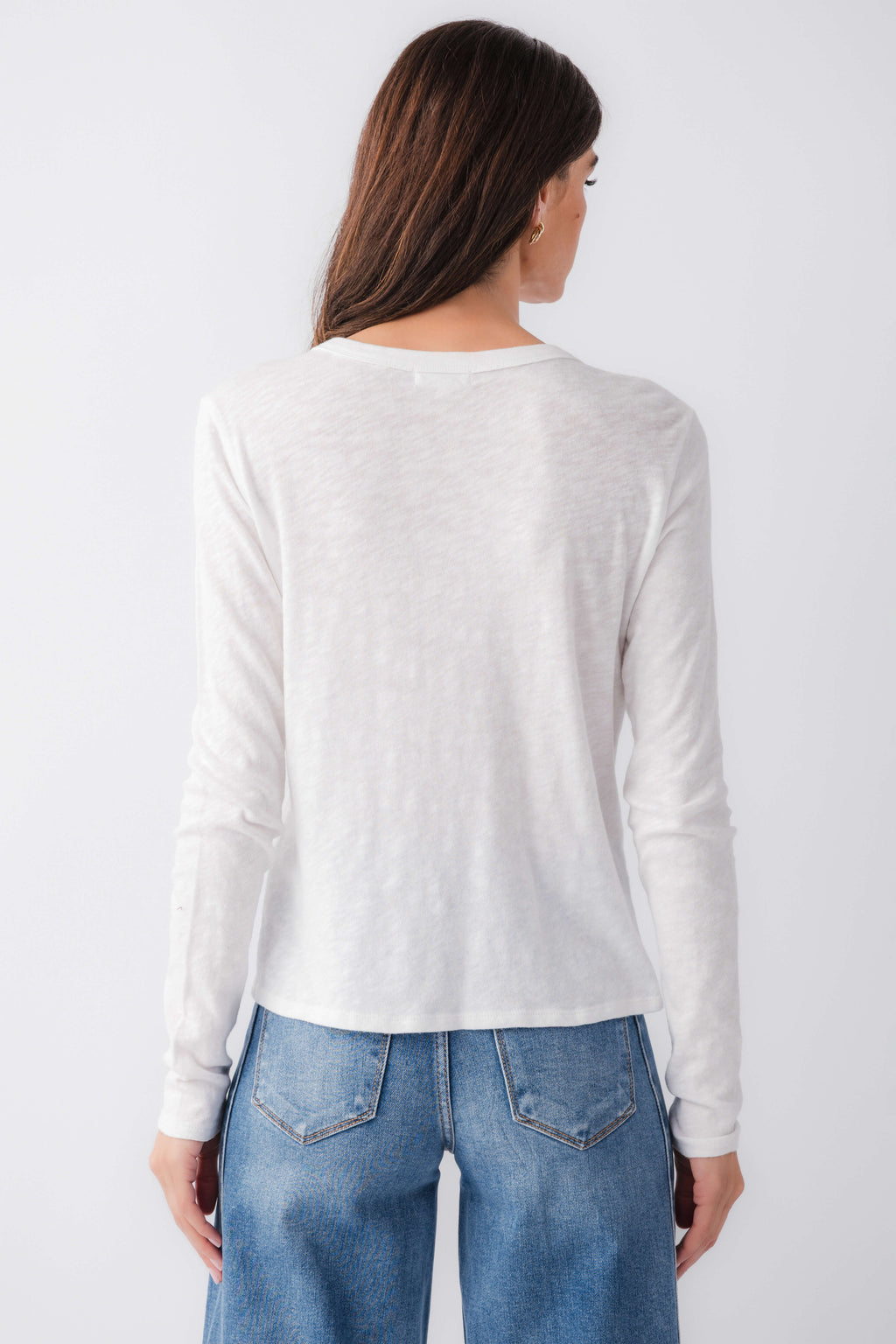 White long-sleeve crew neck tee, back view