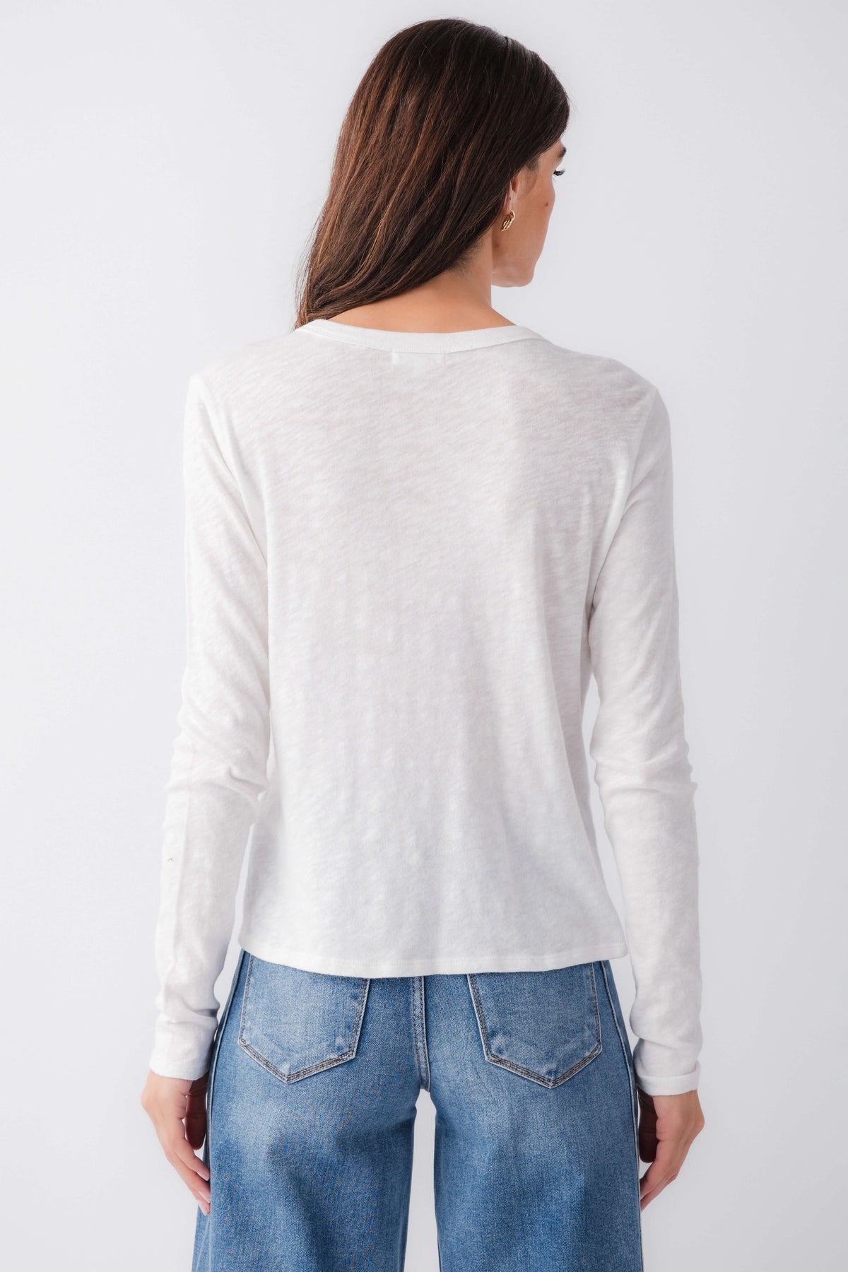 White long-sleeve crew neck tee, back view