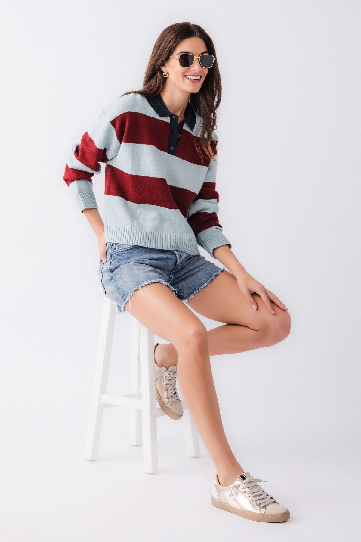 Sky blue and maroon striped collared rugby sweater with button placket and long sleeves