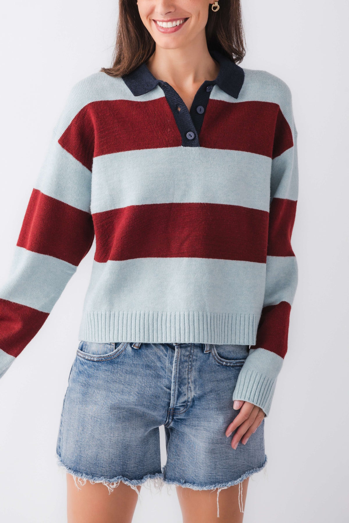 Maroon and sky blue striped collared rugby sweater with buttoned front and ribbed cuffs