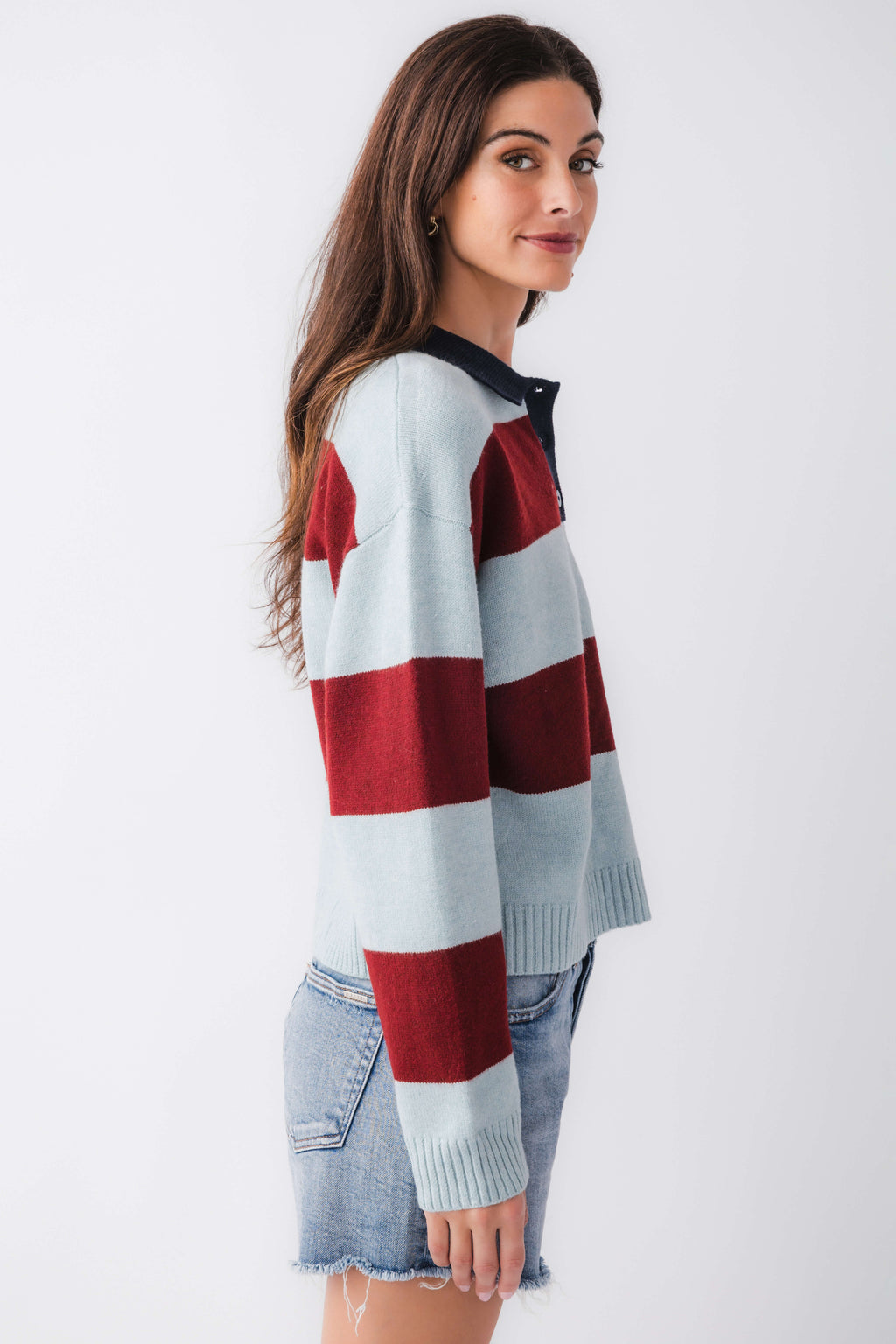 Sky blue and maroon striped collared rugby sweater, long sleeves with ribbed trim