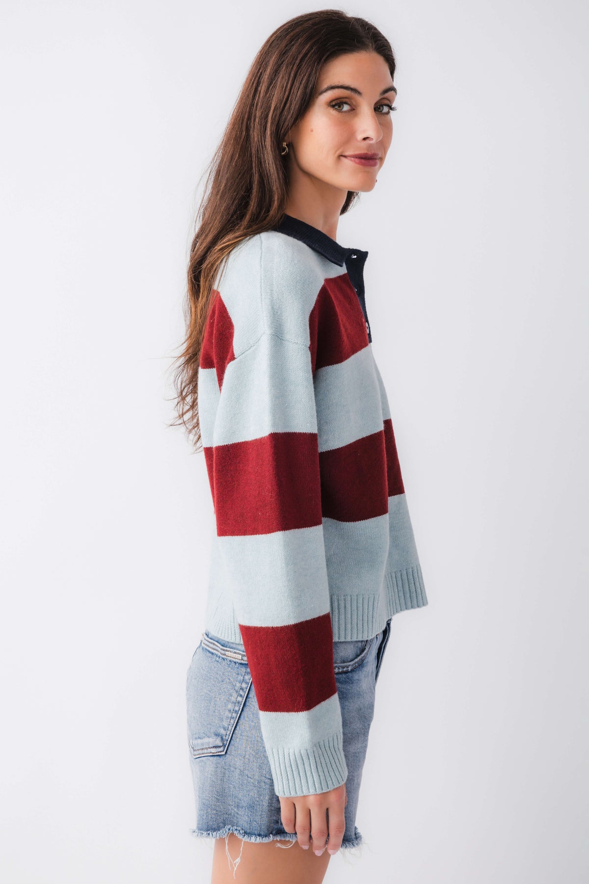 Sky blue and maroon striped collared rugby sweater, long sleeves with ribbed trim