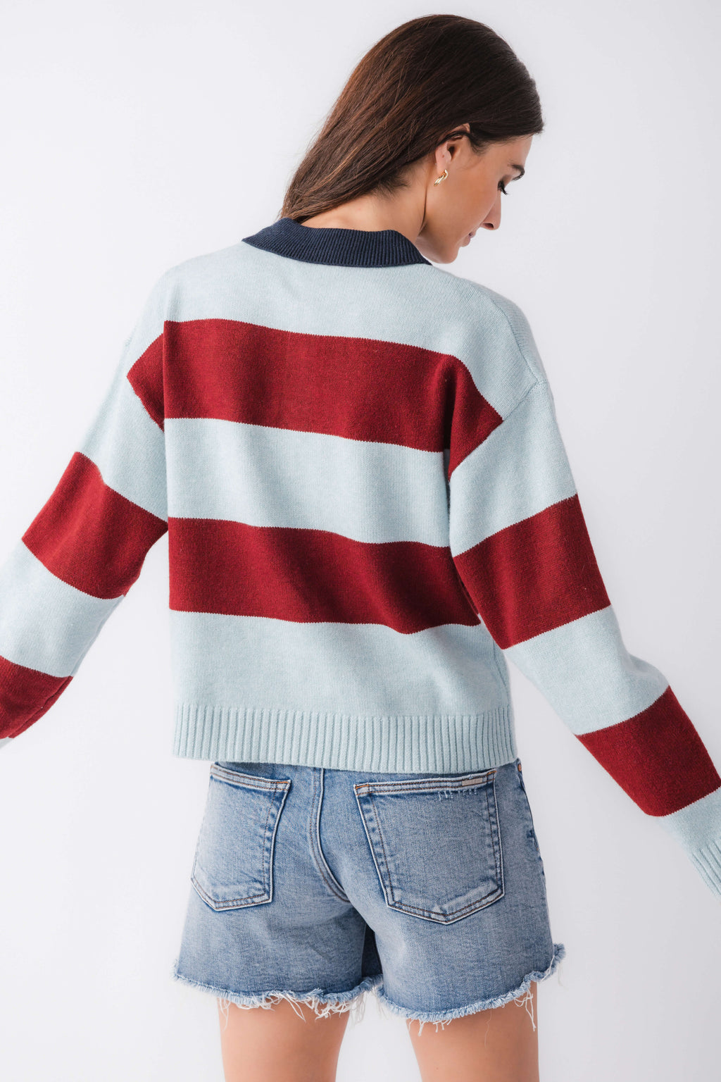 Sky blue and maroon striped collared rugby sweater, ribbed hem and long sleeves
