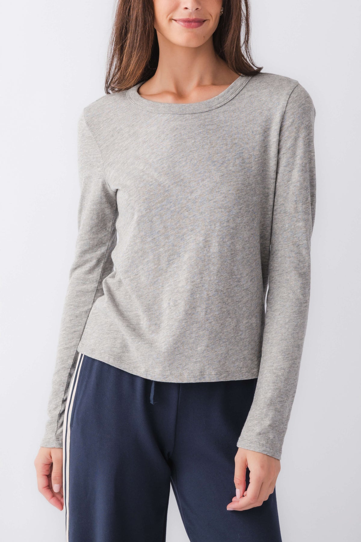 Heather grey long-sleeve tee with crew neck and straight hem