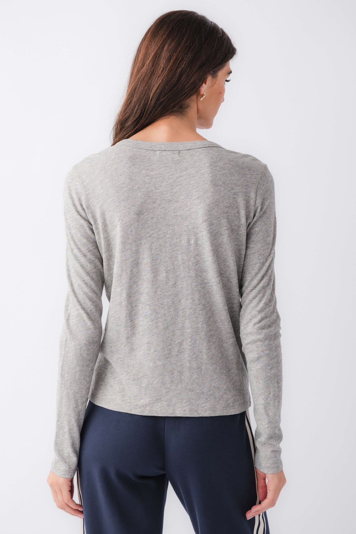 Heather grey long-sleeve tee with crew neck, back view