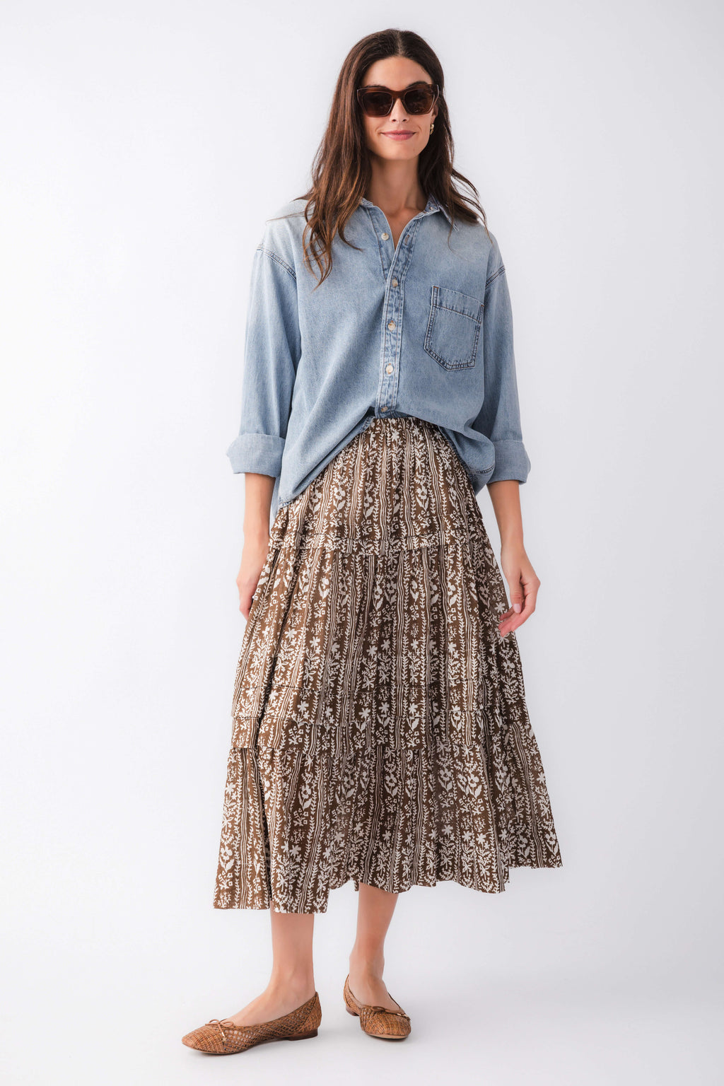 Mocha printed tiered maxi skirt with pinch-pleat waist, brown and black ornate pattern