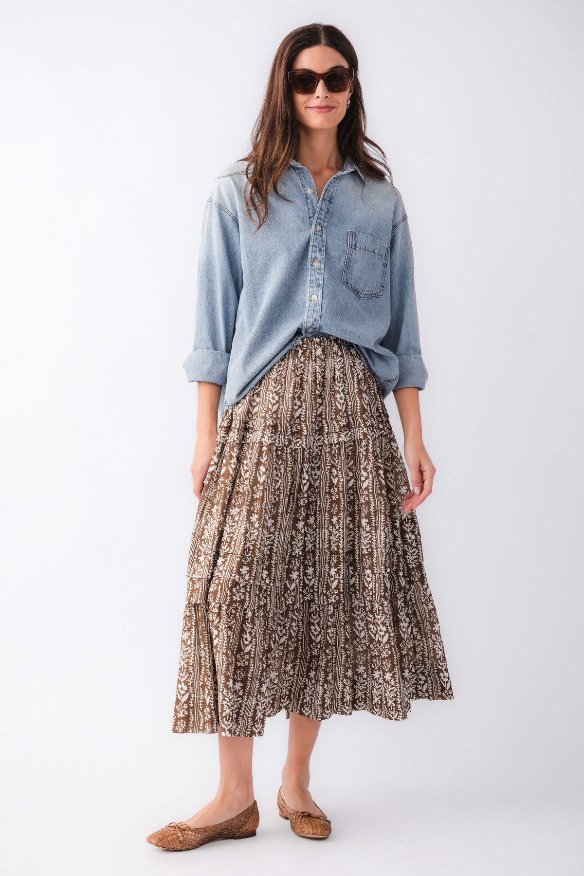 Mocha printed tiered maxi skirt with pinch-pleat waist, brown and black ornate pattern