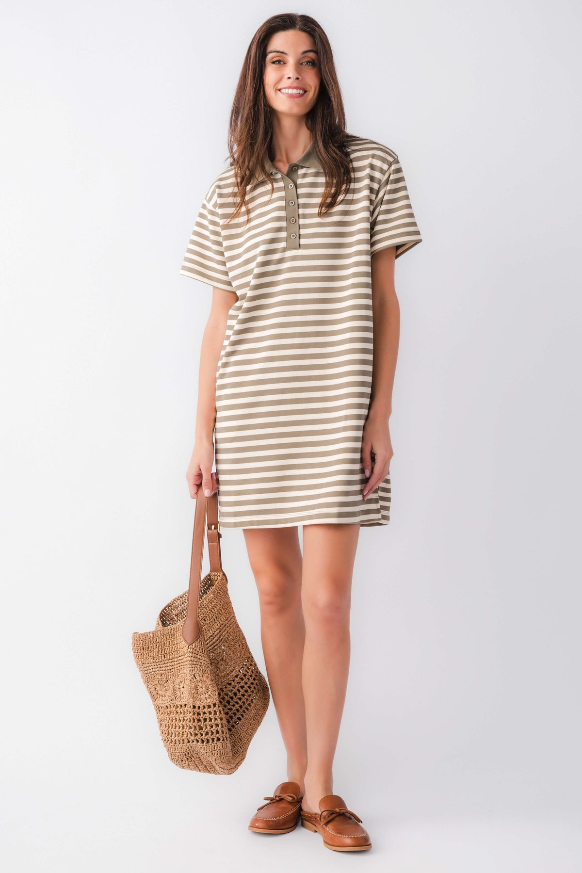 Olive and cream striped polo mini dress with short sleeves and front button placket