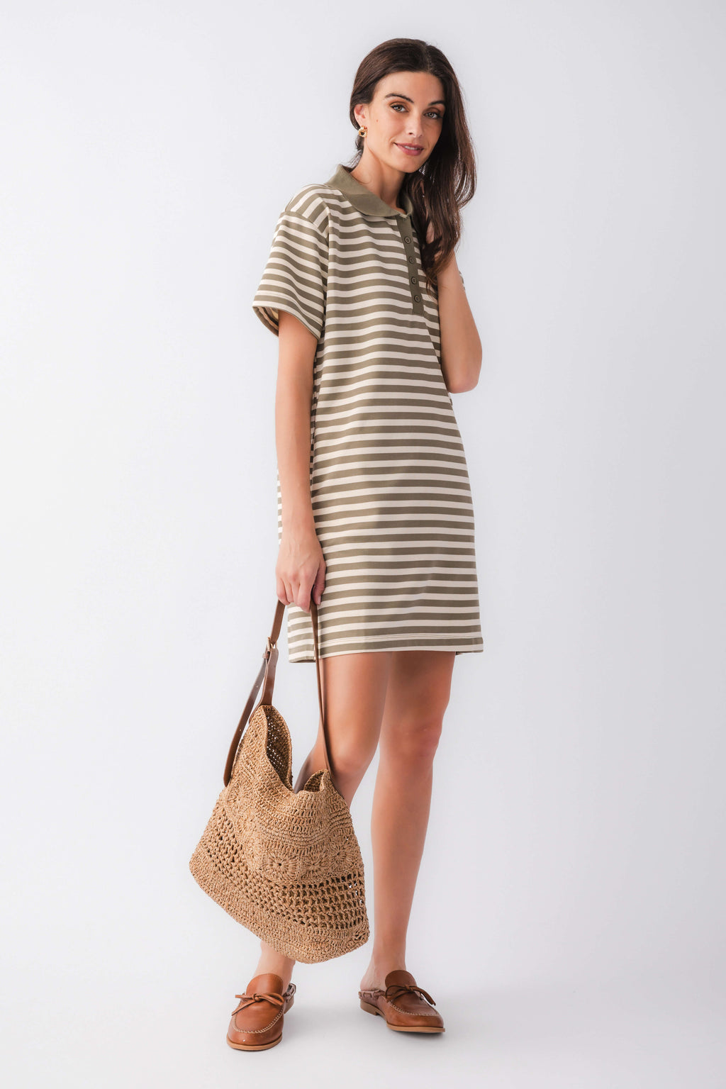 Olive and cream striped polo mini dress with button placket and short sleeves