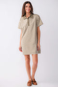 Olive and cream striped polo mini dress, short sleeves and front button placket
