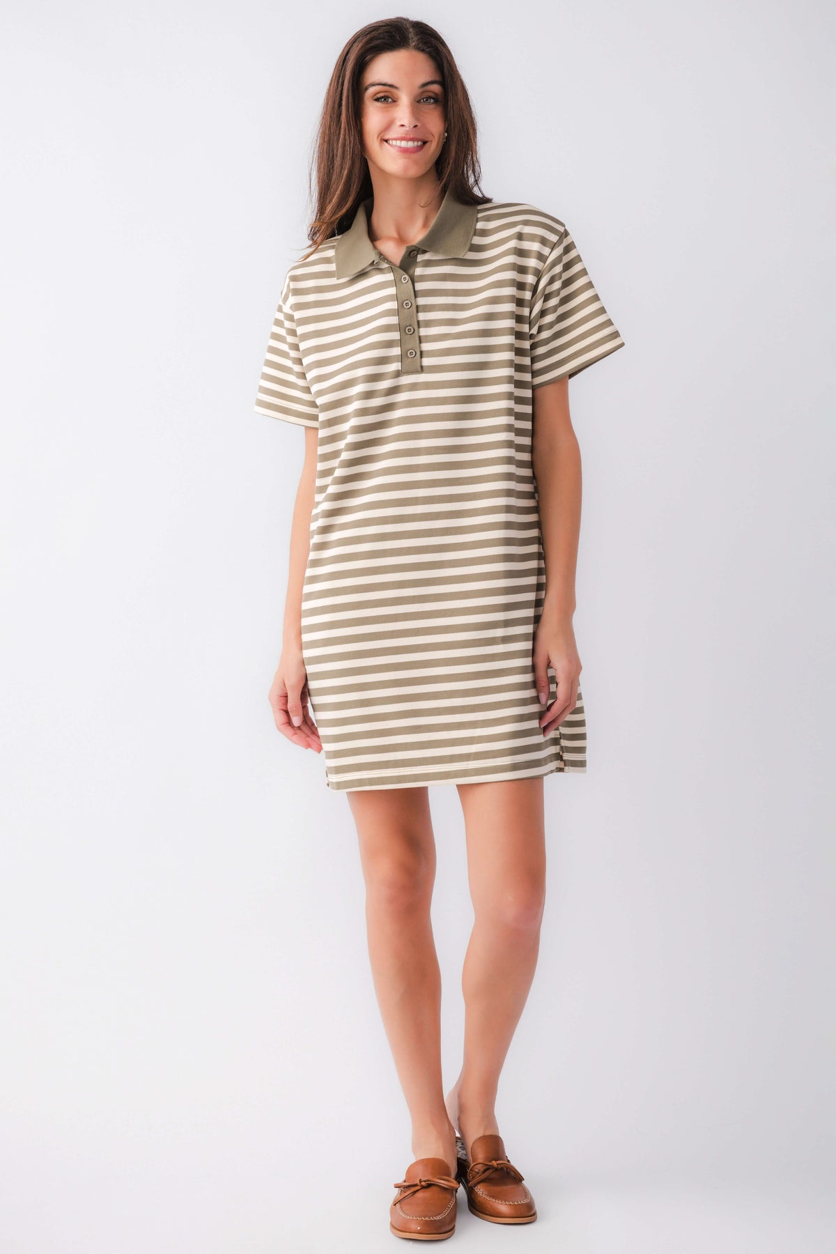 Olive and cream striped polo mini dress, short sleeves and front button placket