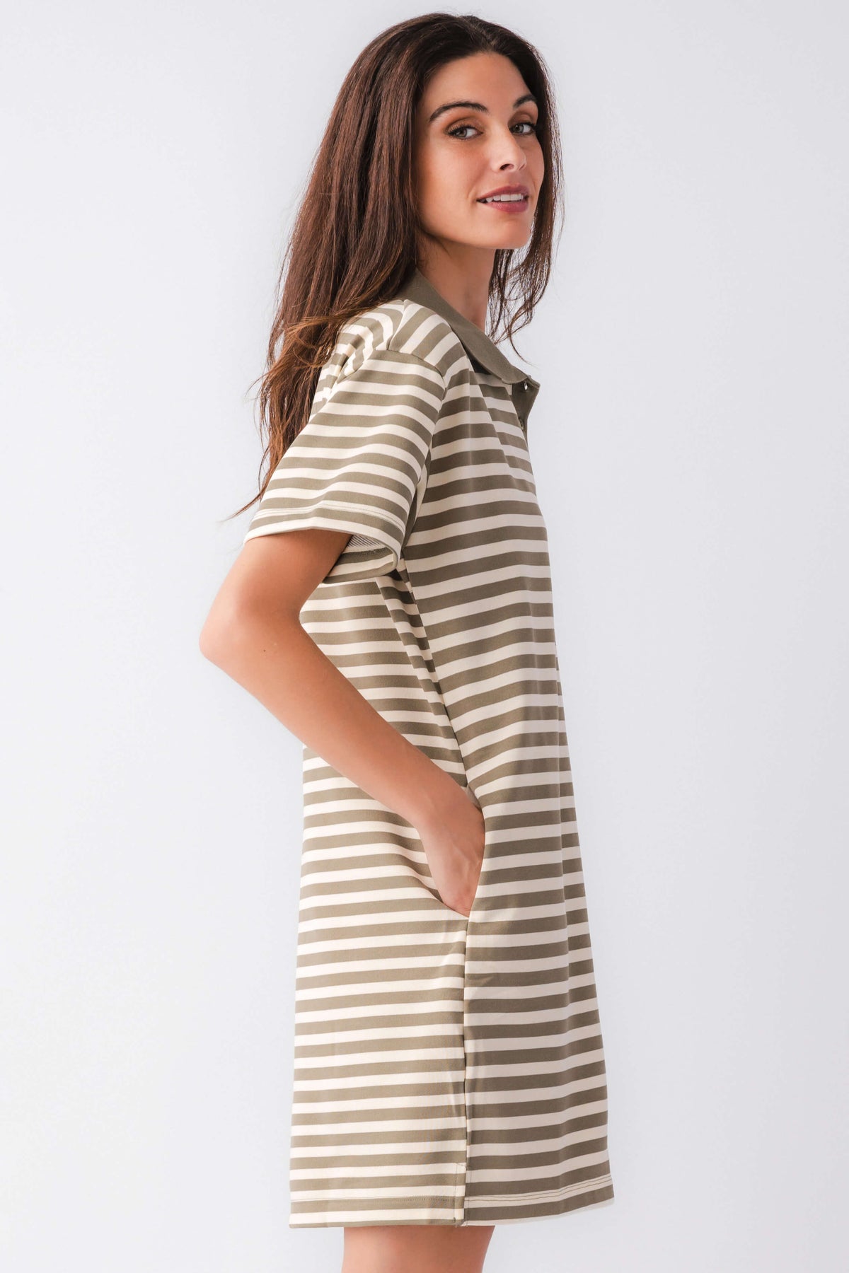 Olive and cream striped polo mini dress with collar and short sleeves, side view