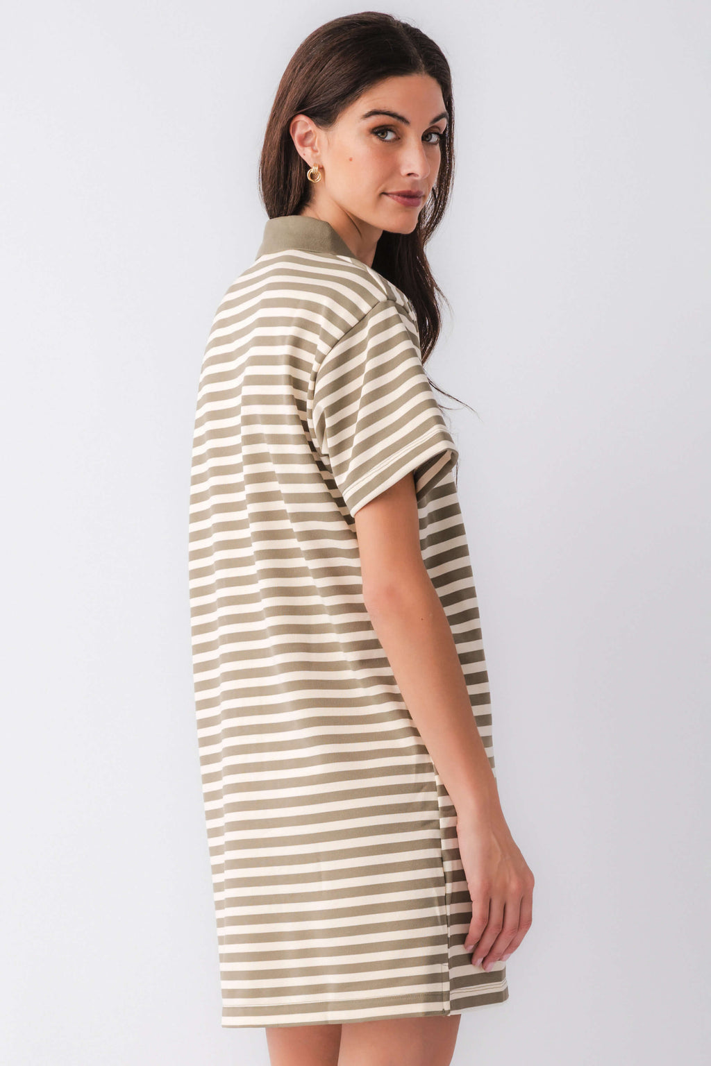 Olive and cream striped polo mini dress from side/back with collar and short sleeves
