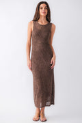 Cocoa brown sleeveless midi dress with round neckline, textured look, straight hem.