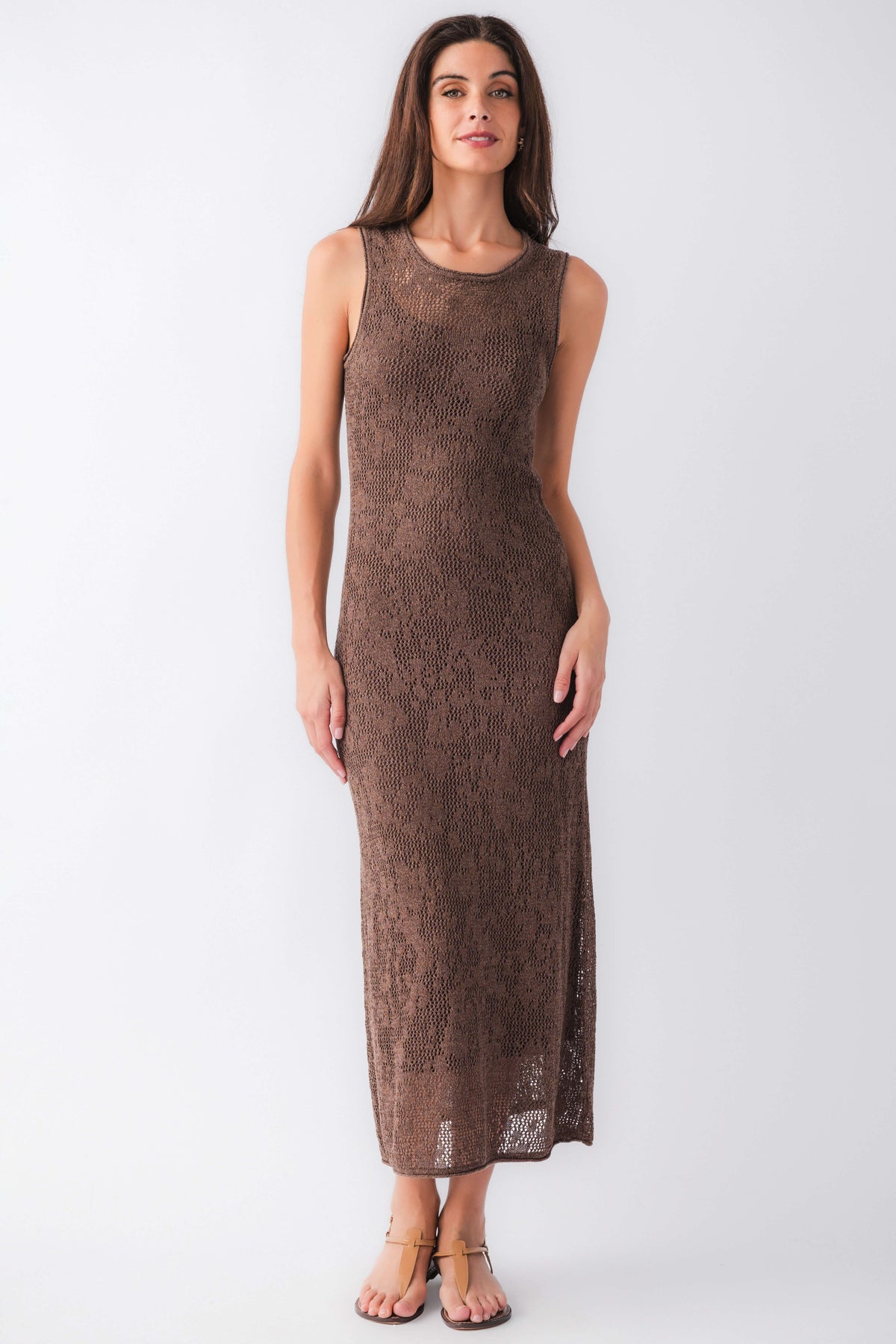 Cocoa brown sleeveless midi dress with round neckline, textured look, straight hem.
