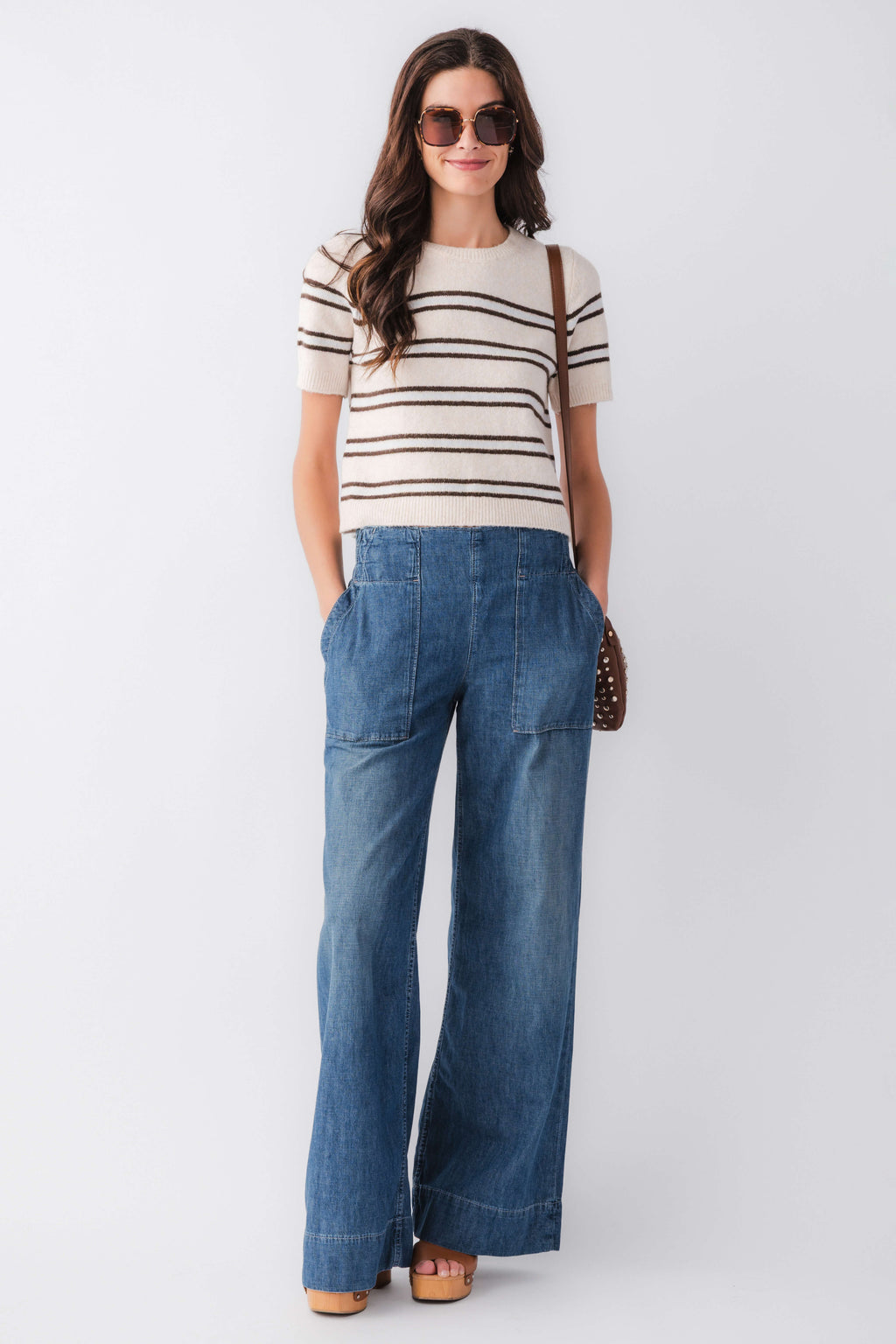 Light oatmeal heather striped knit sweater with short sleeves and crew neck