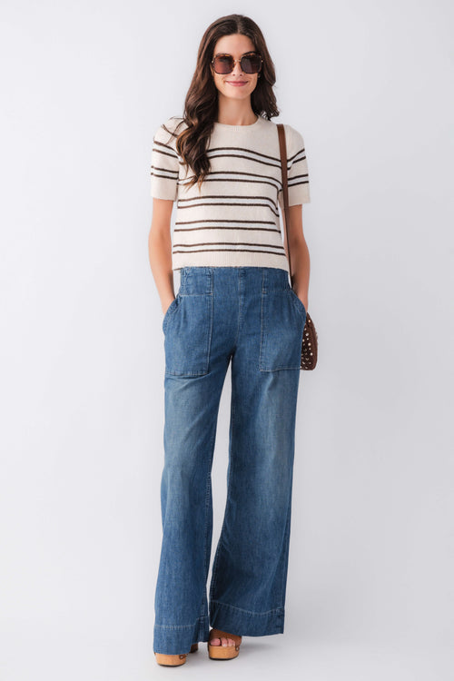 Light oatmeal heather striped knit sweater with short sleeves and crew neck