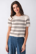 Light oatmeal heather striped knit sweater, short sleeves, crew neck front view