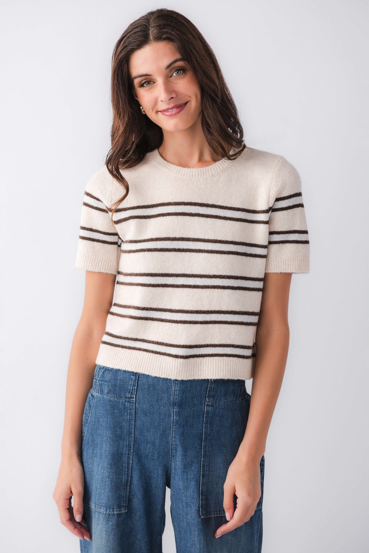 Light oatmeal heather striped knit sweater, short sleeves, crew neck front view