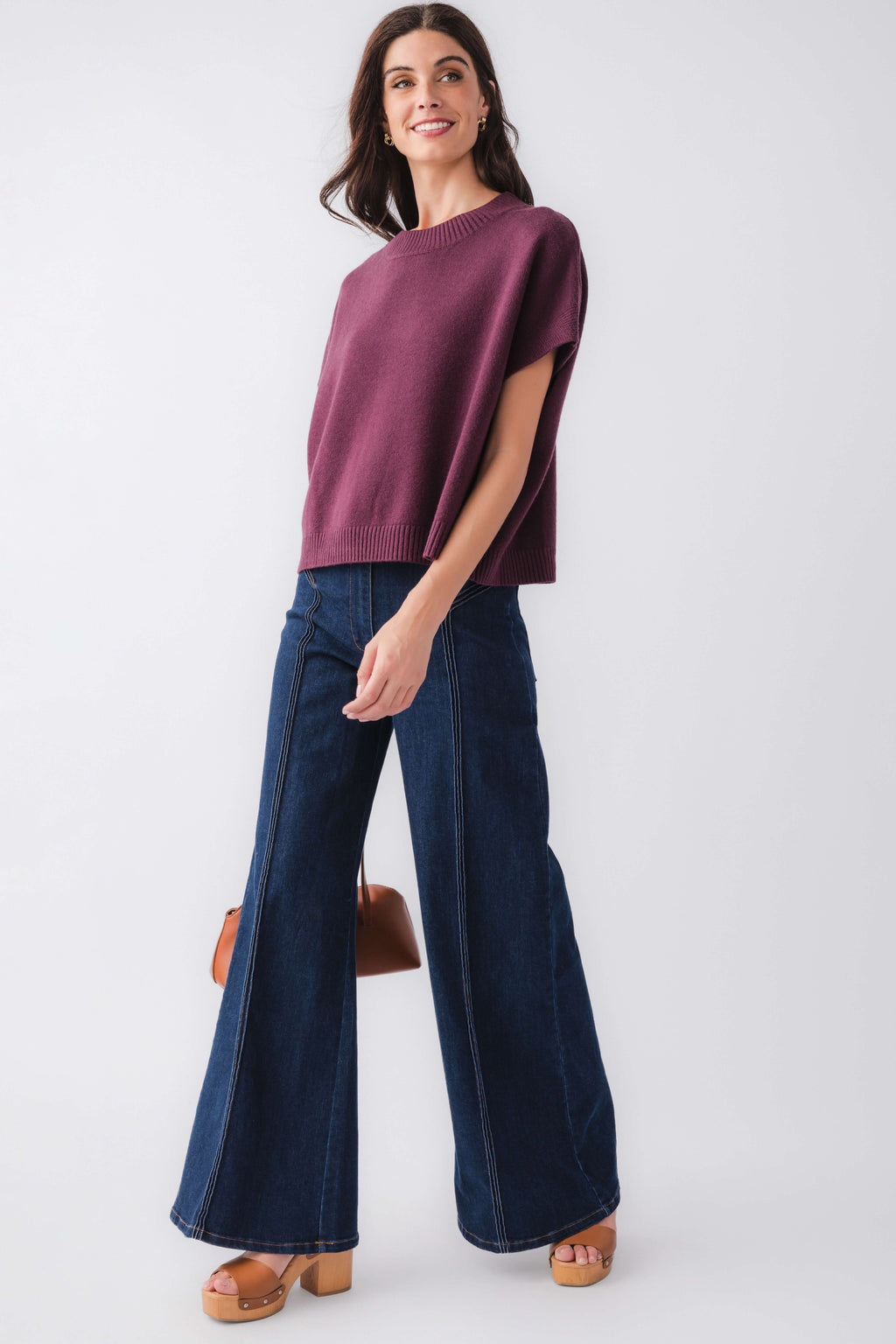 Burgundy dropped-shoulder knit top with draped short sleeves and ribbed crew neck