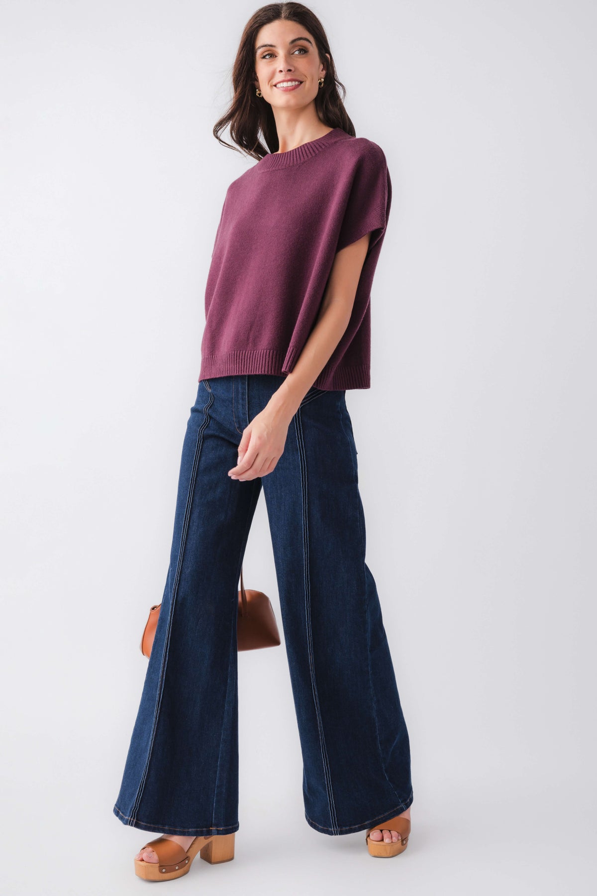 Burgundy dropped-shoulder knit top with draped short sleeves and ribbed crew neck