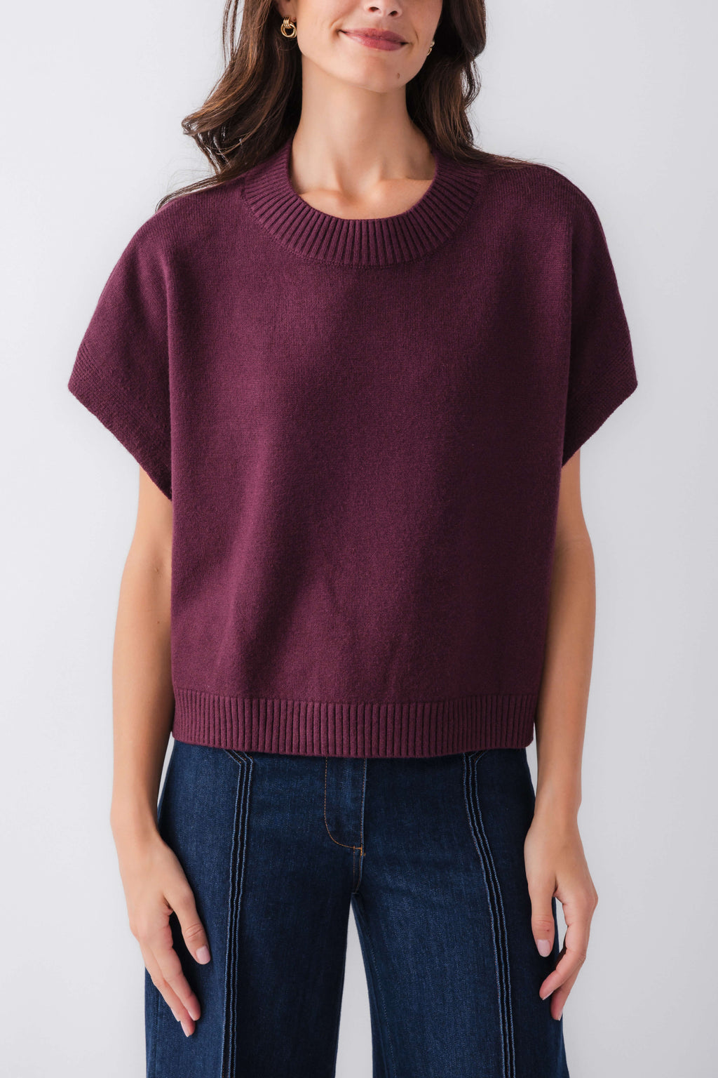 Burgundy dropped-shoulder knit top, ribbed crew neck and hem, short sleeve design