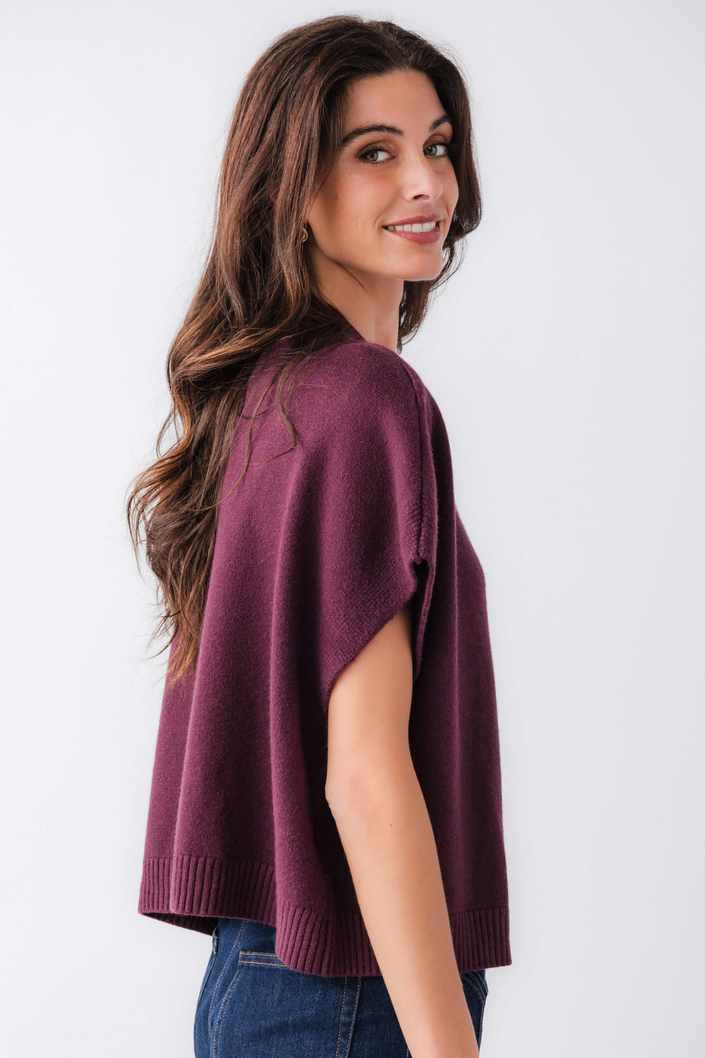 Burgundy dropped-shoulder knit top with loose short sleeves and ribbed bottom edge