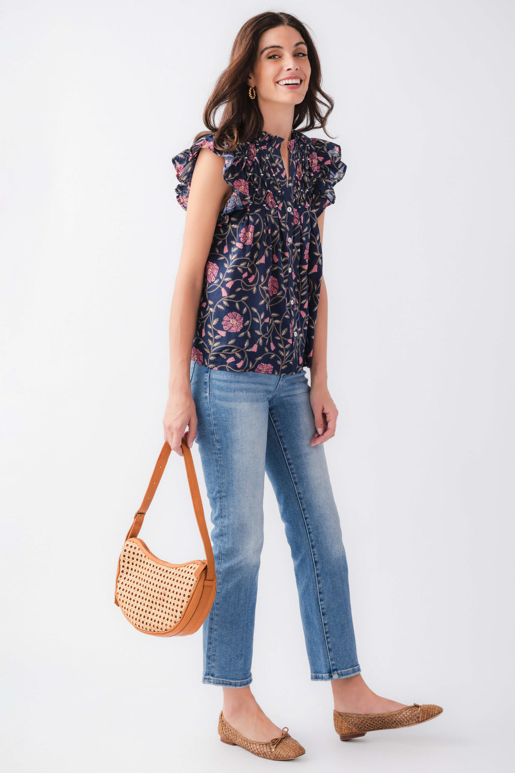 Navy floral block-print flutter-sleeve button-up top