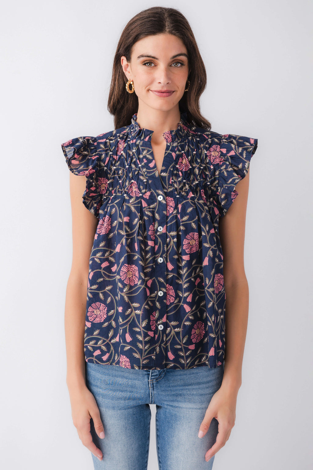 Navy block-print button-up top with ruffled flutter sleeves