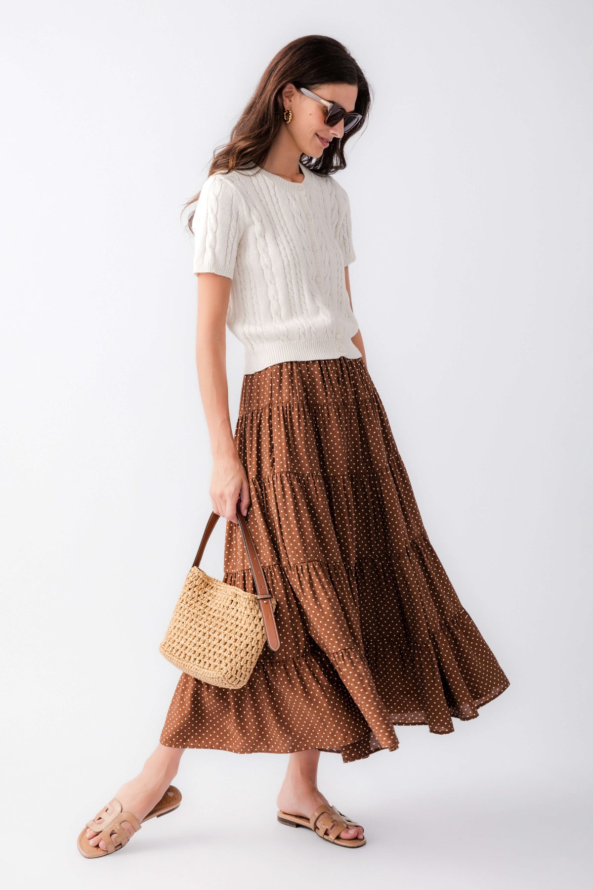 Brown polka-dot tiered maxi skirt with flared gathered tiers