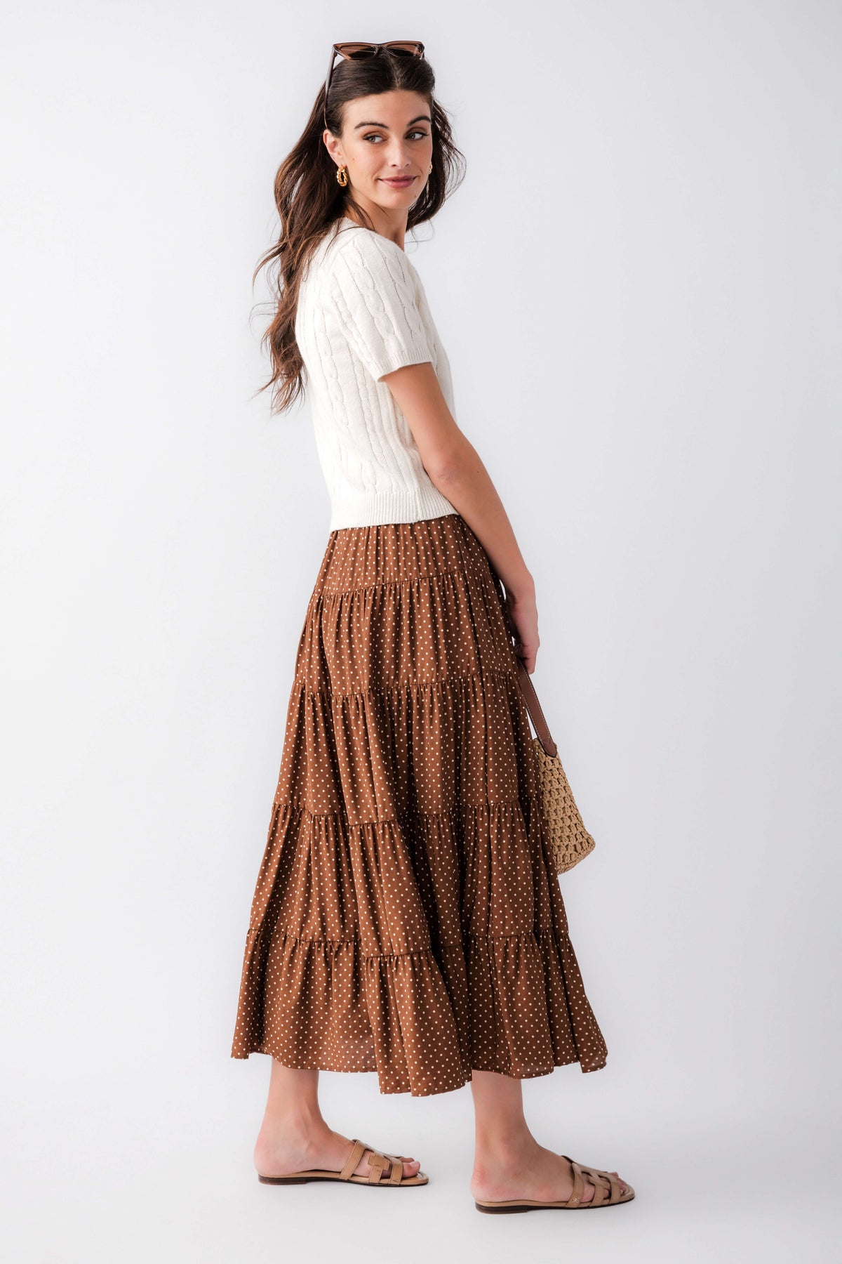 Brown polka-dot tiered maxi skirt with layered ruffle tiers