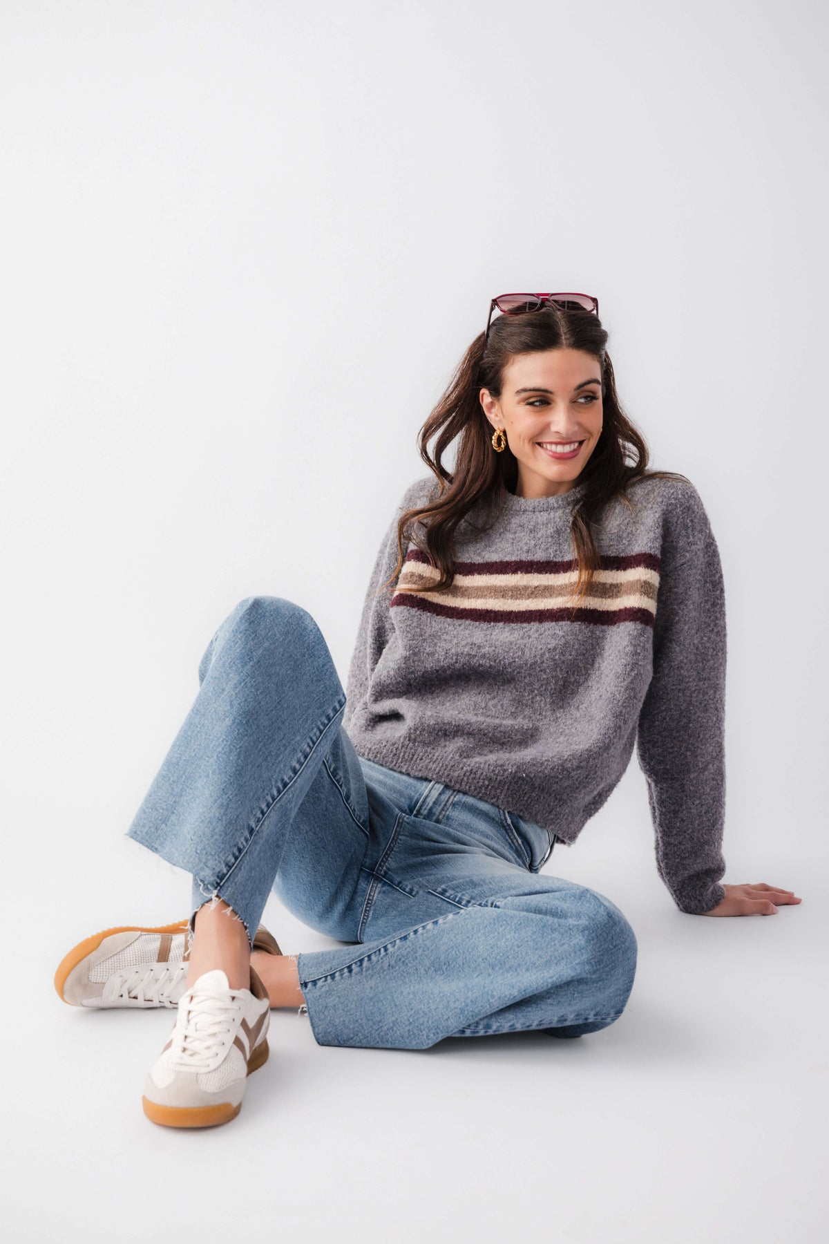 Boucle striped sweater in heather gray with crew neck and multi stripe band