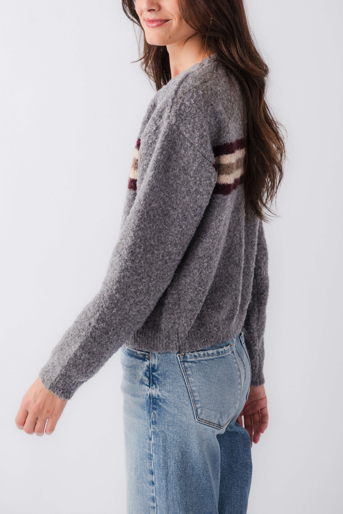 Heather gray boucle knit sweater with crew neck, multi stripe band, long sleeves